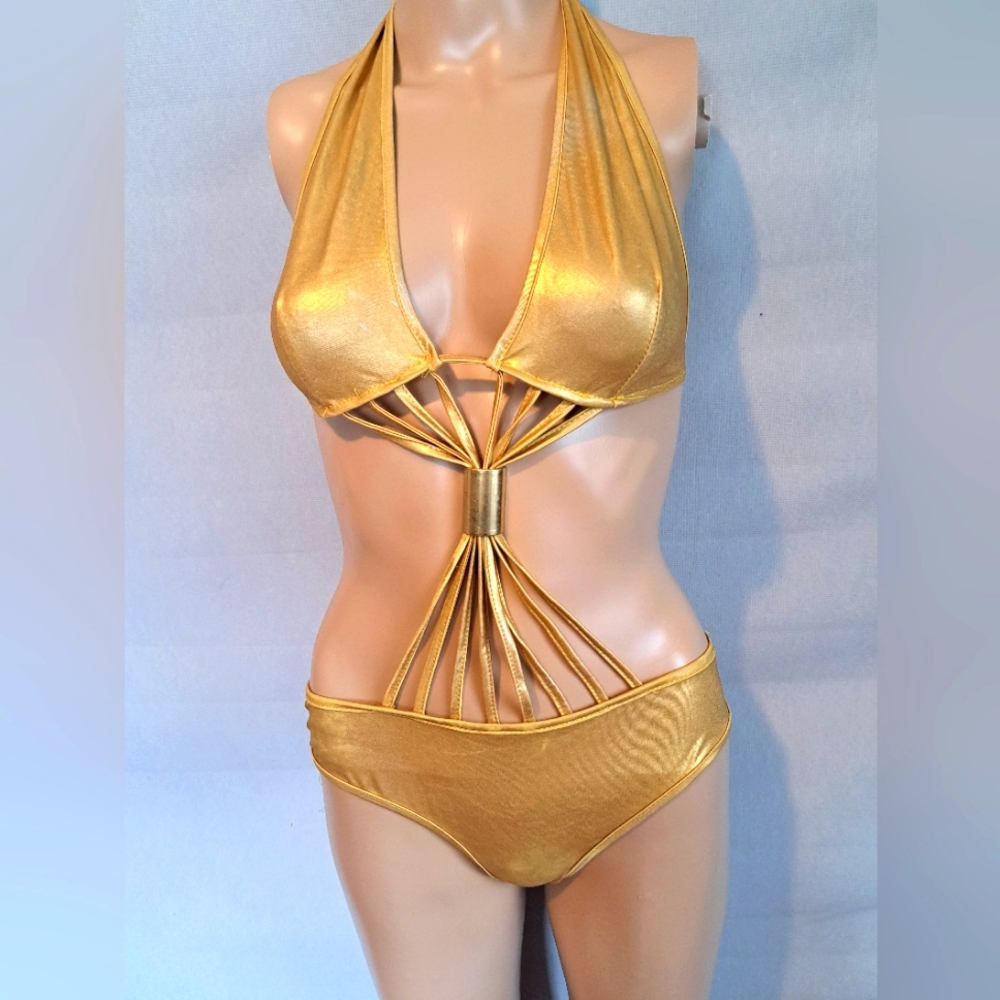 Gold metallic sexy strappy monokini